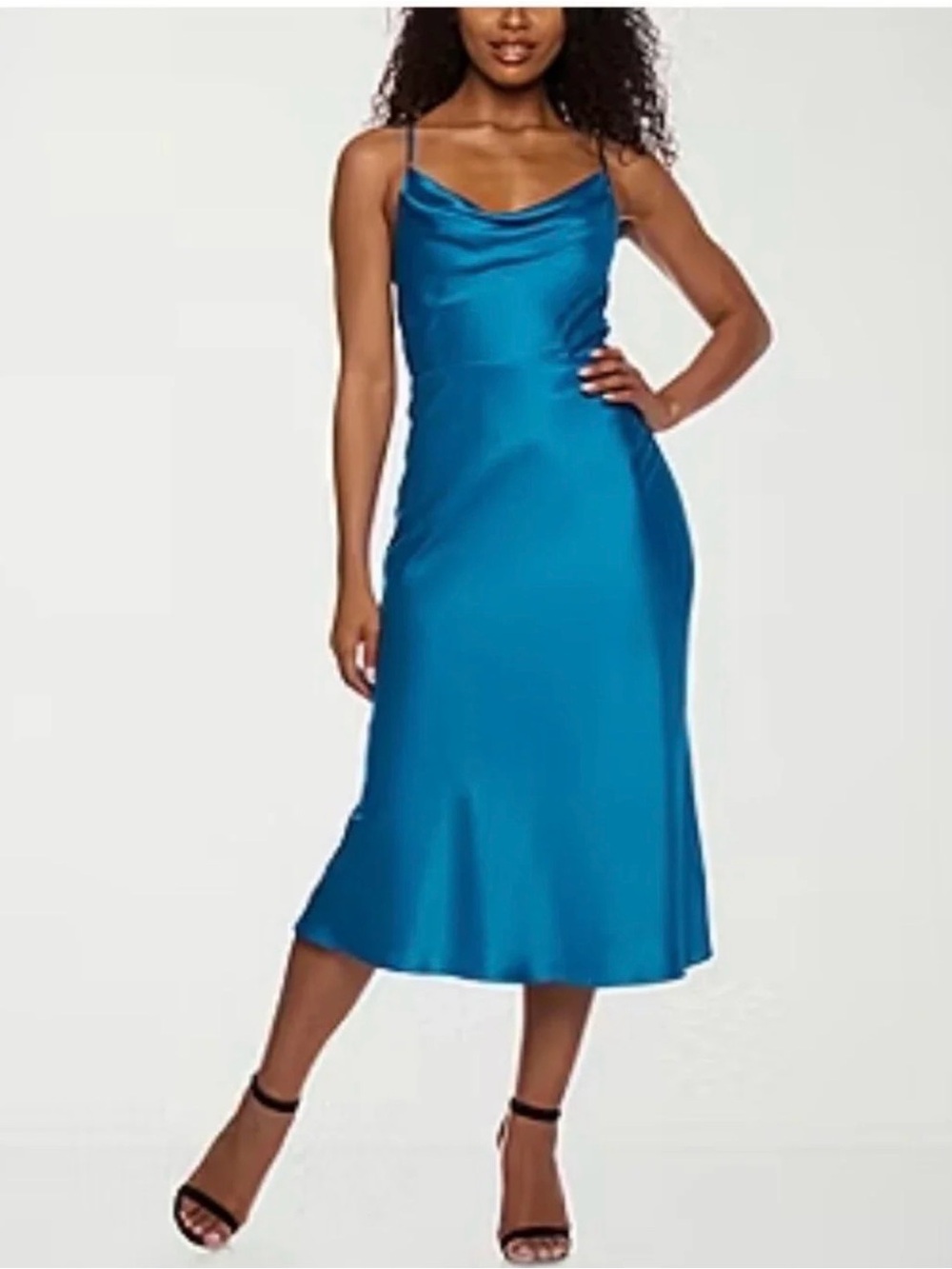 B. smart Satin Cowl Neck Slip Dress in Teal Blue